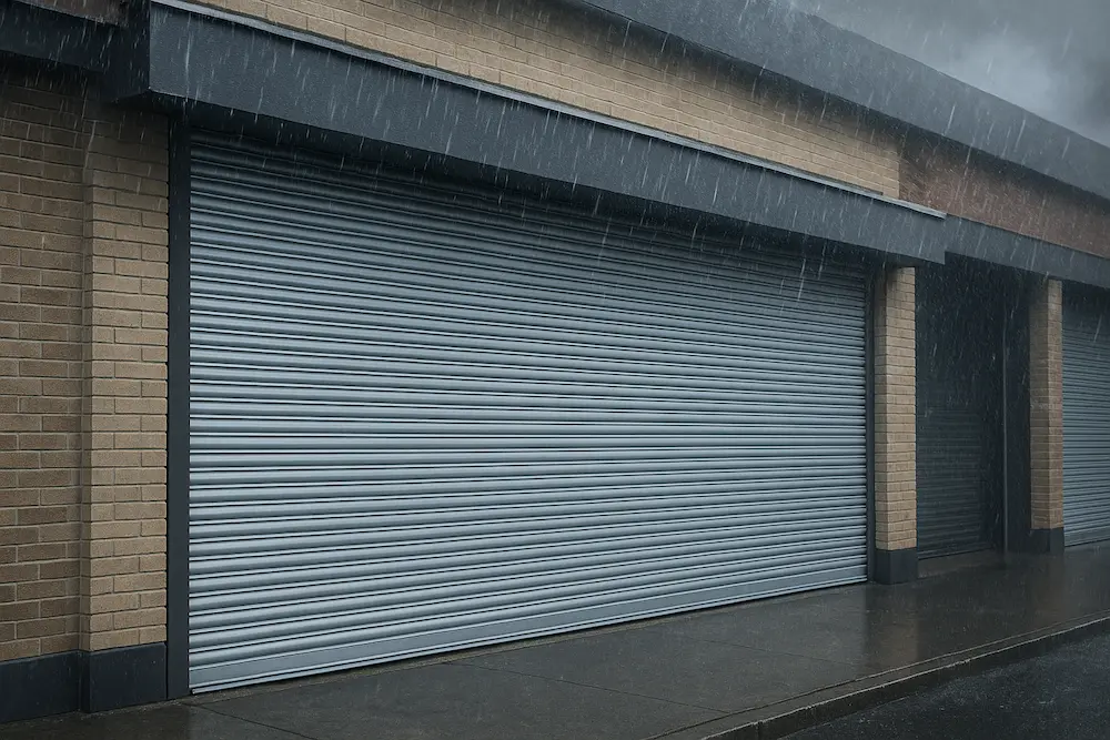 Weather-rated shutter closed on an exterior opening