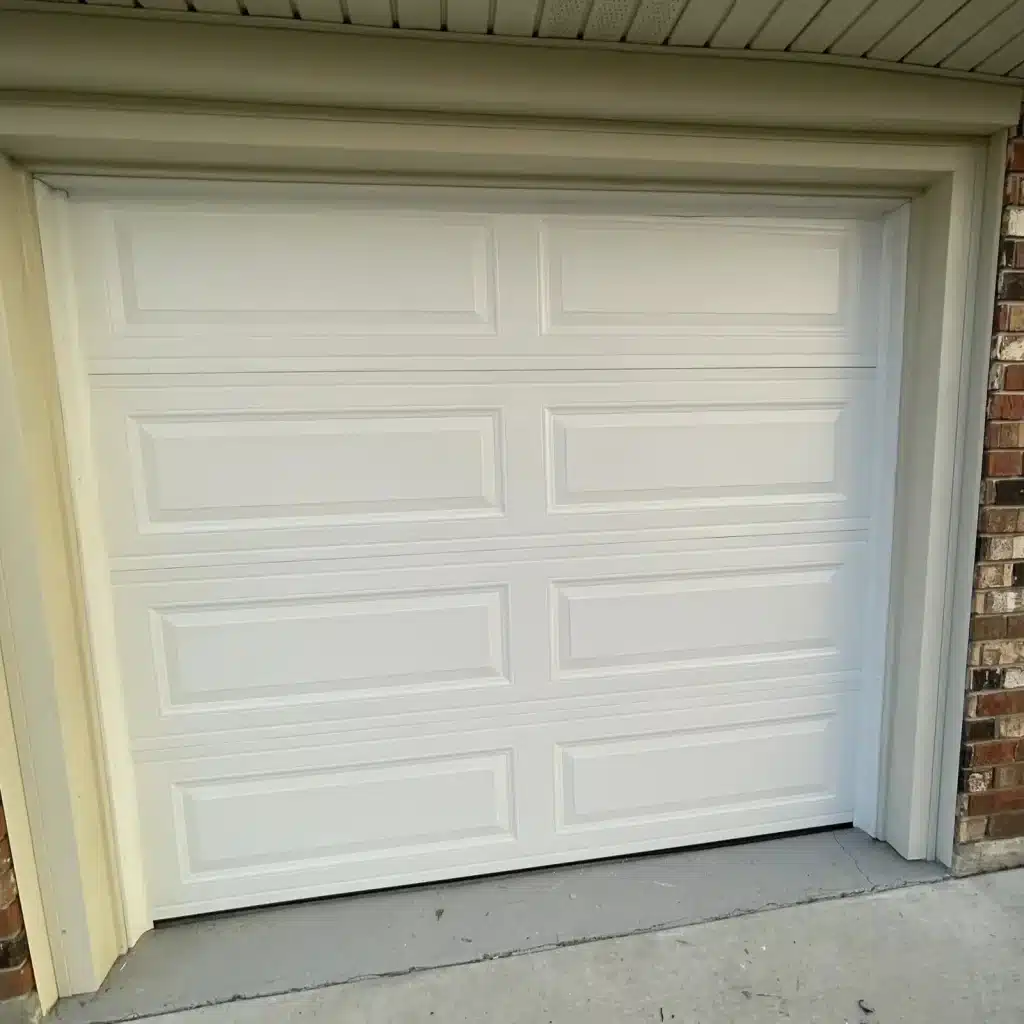 New white raised-panel single-car garage door installed on a New Orleans brick home