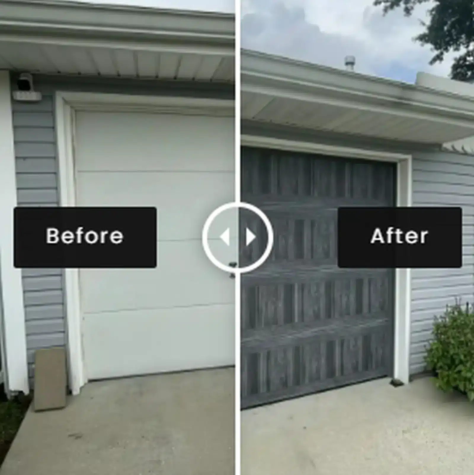 Carriage style garage door upgrade before and after in Boutte Louisiana