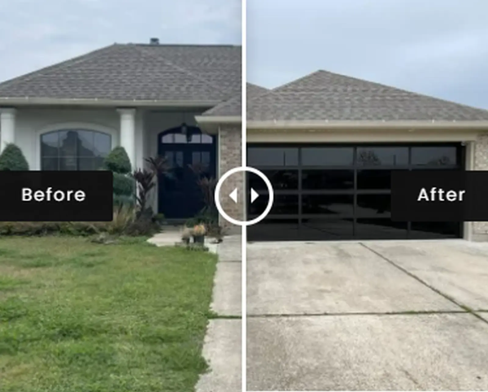 Modern aluminum and glass garage door before and after in Boutte LA