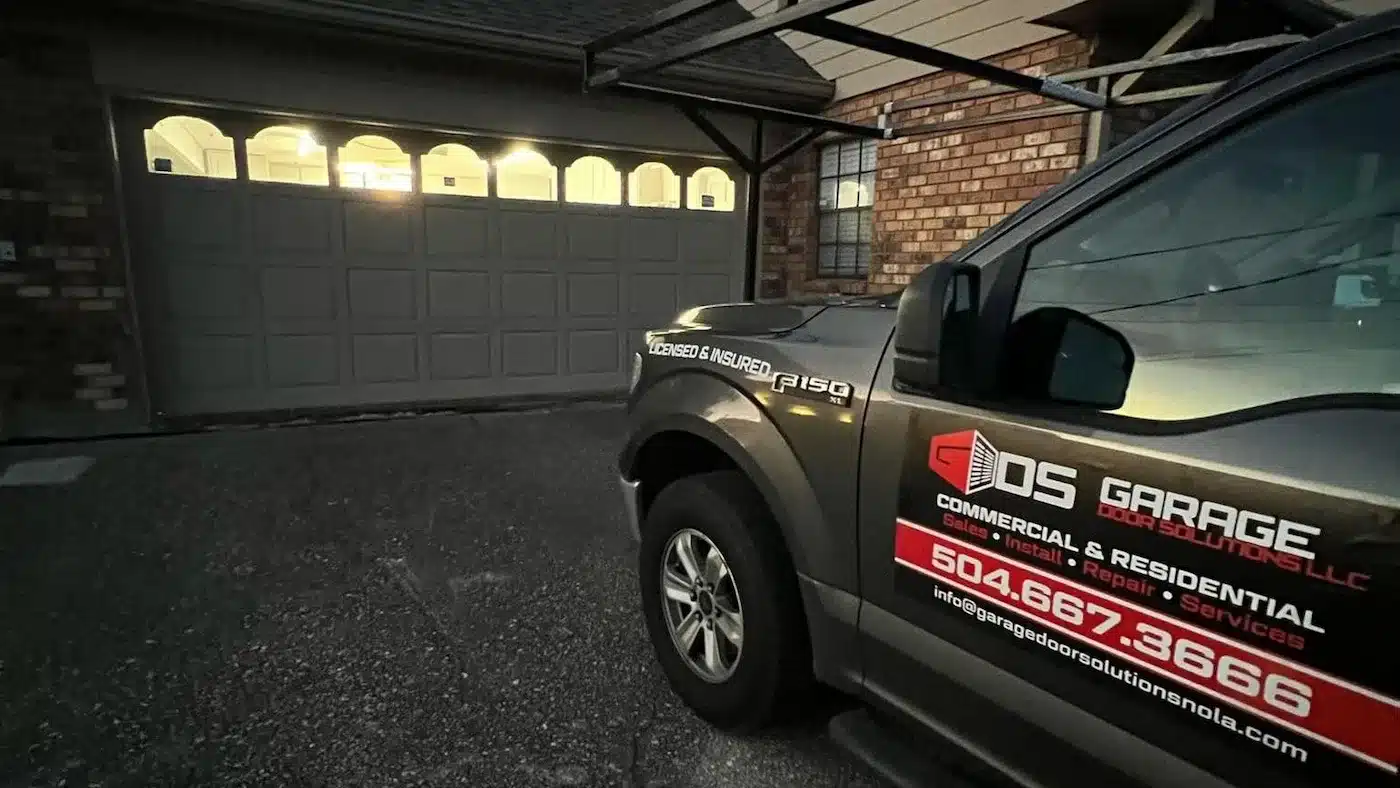 GDS service truck on site for emergency garage door repair in New Orleans at night